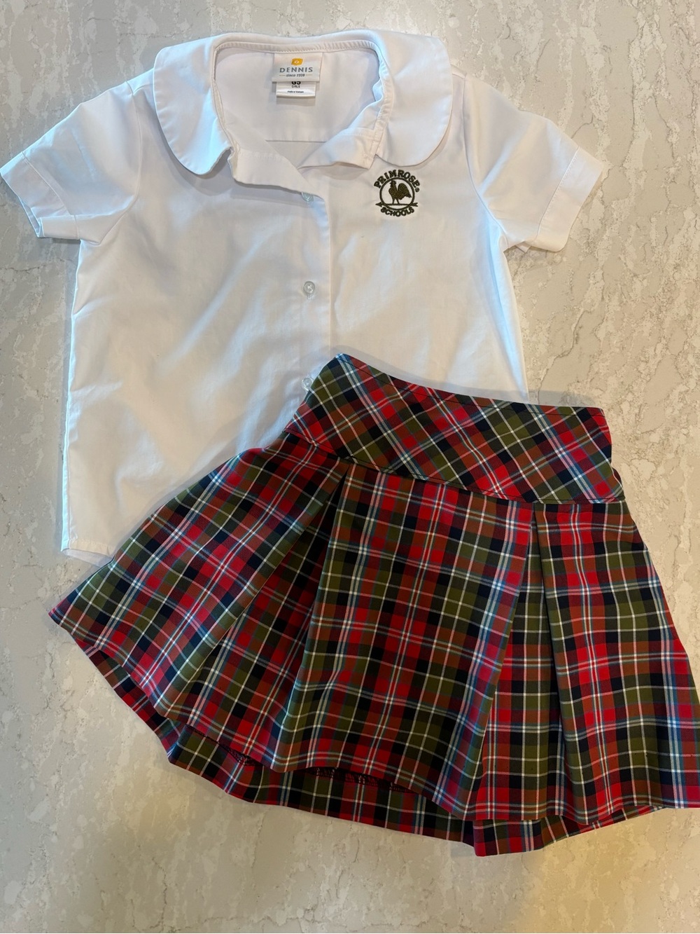 Primrose Dennis Uniforms. Plaid Skort and White Button Blouse. Size YXS (5)